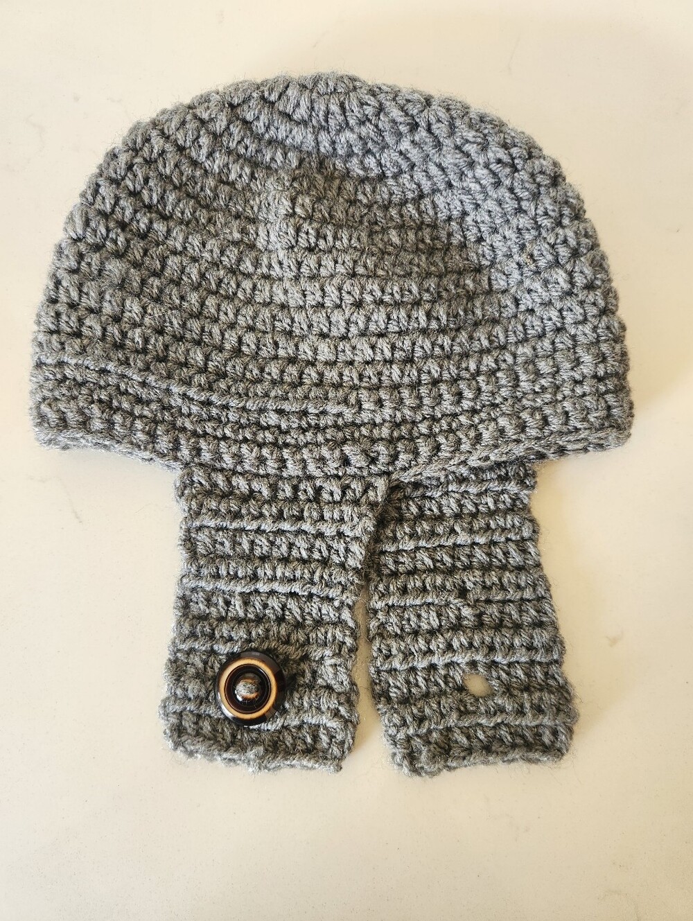 Handmade Crochet Baby Earflap Beanie Hat Gray W/ Button Strap